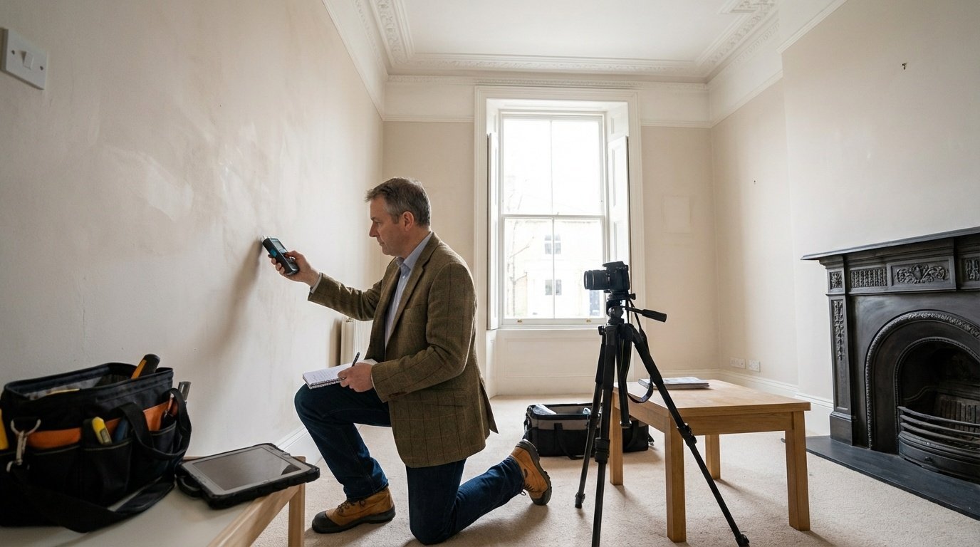 Professional surveyor conducting detailed property inspection in London